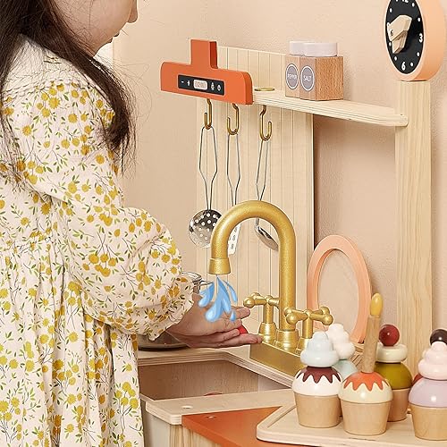 Miniatura 5 de Cocina de madera 2 en 1 con estante de almacenamiento, juego de cocina para niños con fregadero, estufa, microondas y 8 accesorios, juguete de