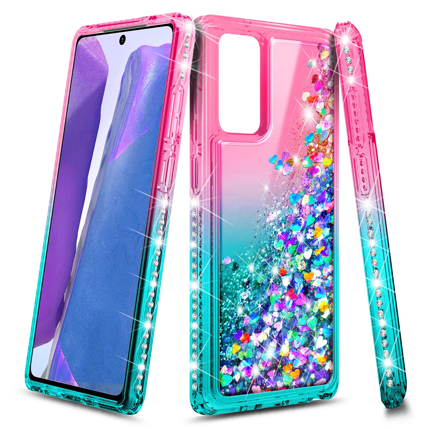 NZND Compatible with Samsung Galaxy S20-FE 5G Case, Pink/Aqua | Bling Sparkly Glitter Floating Liquid Waterfall Cute Phone Cover for Women Girls Kids