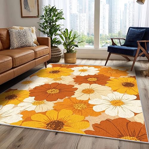 Retro Flower Rug, Washable 5x7 Area Rugs for Bedroom, 60s 70s Floral Patterned Carpet for Living Room Dining Room Office, Retro Flower Decor, Non
