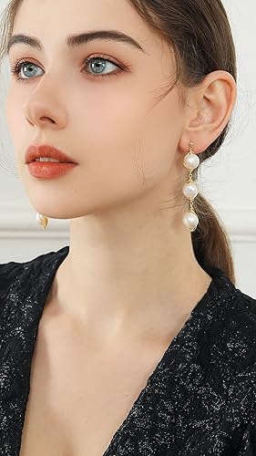 Miniatura 3 de Aretes largos de perlas colgantes  Aretes de perlas barrocas con chapado en oro de 14 quilates  Regalos de joyería delicada para mujeres y niñas,