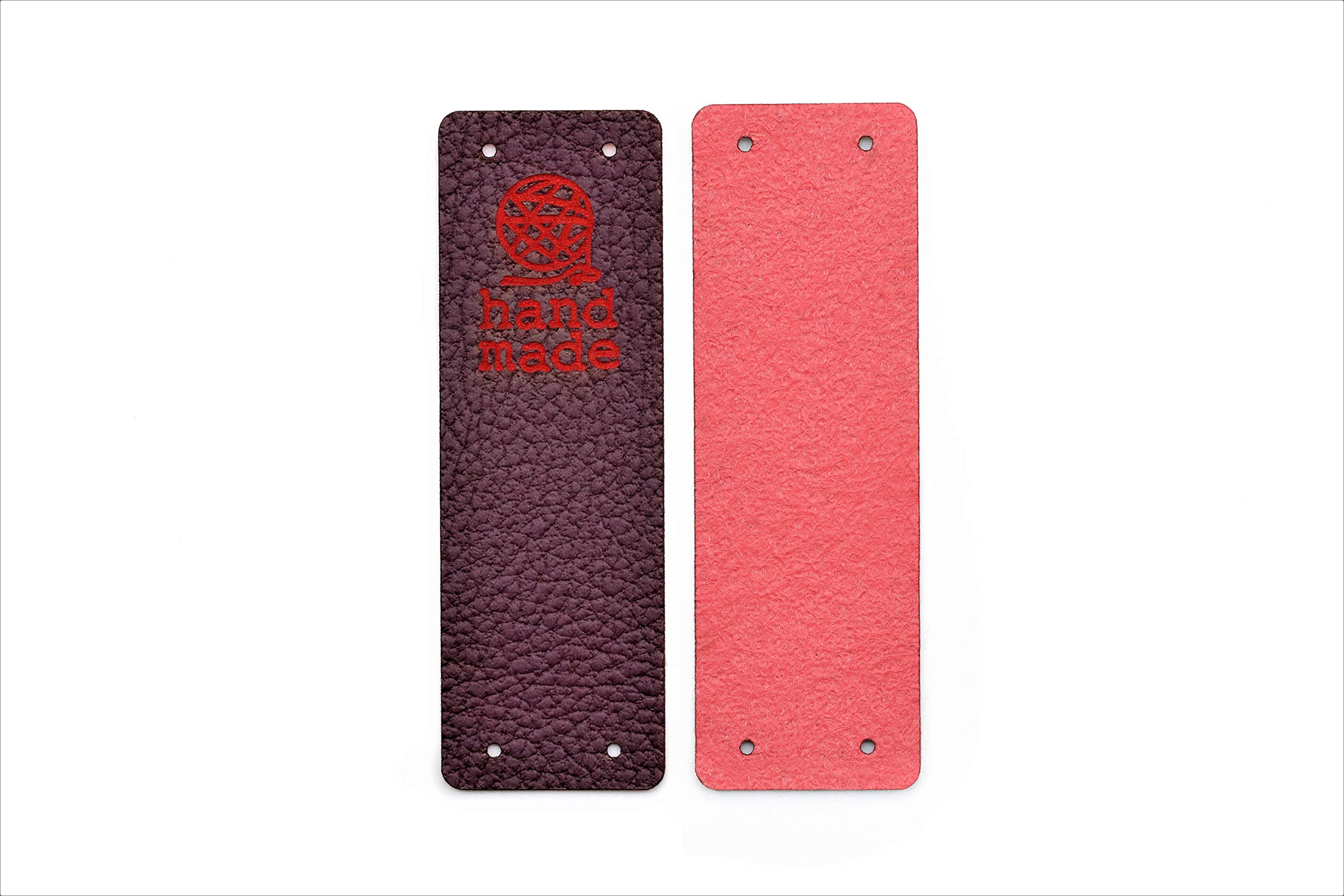 Etichette Personalizzate Handmade Pieghevoli PU - Rosso-Viola Mod. HMD Gomitolo hand made- Tag Handmade Etichette da cucire su prodotti fatti a mano (30 Pezzi - Testo Personalizzato)