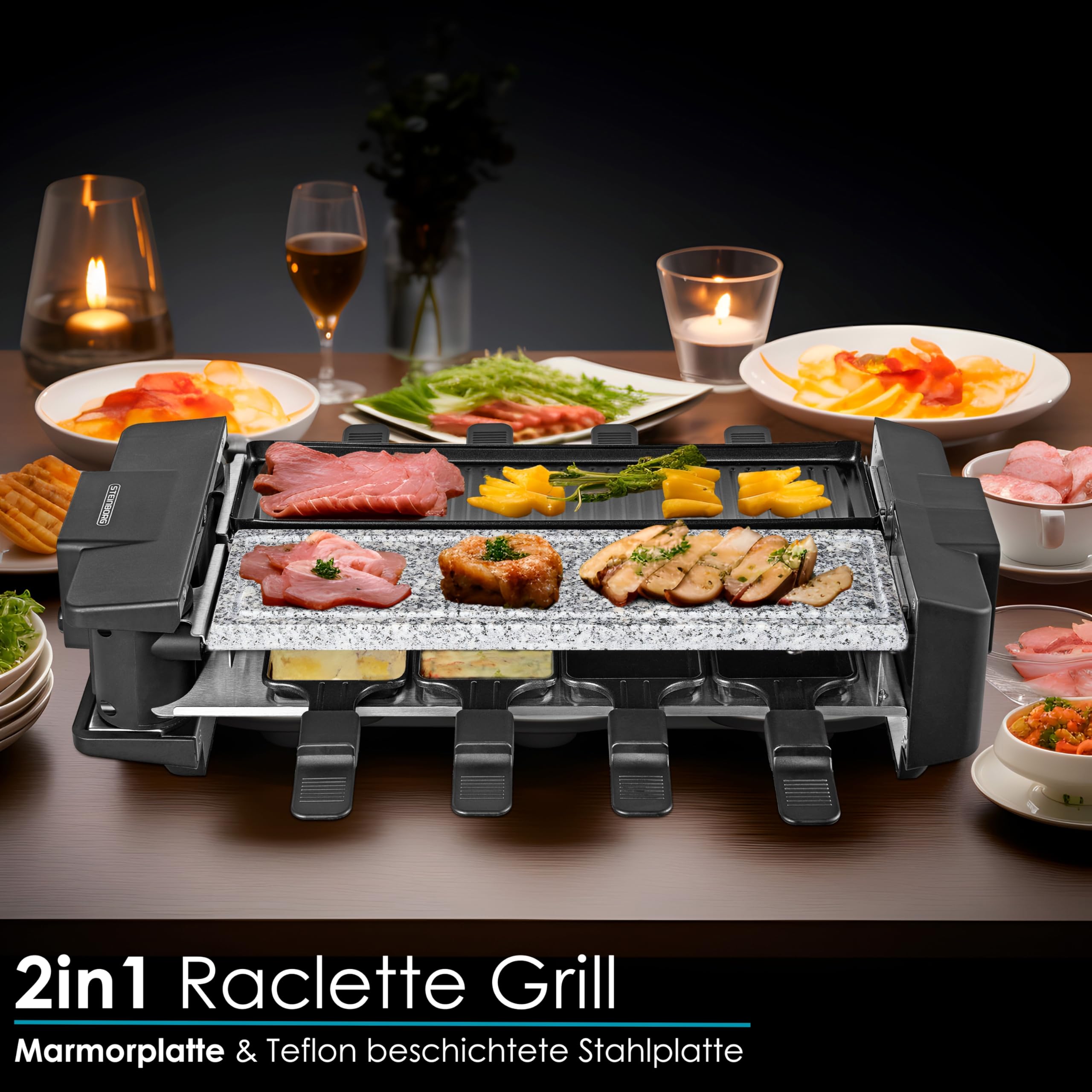 Steinborg Raclette Grill 2 in 1 8 Personen Raclette Grill Partygrill Elektrogrill Tischgrill Naturstein beschichtet Heizelement Edelstahl 180° drehbar