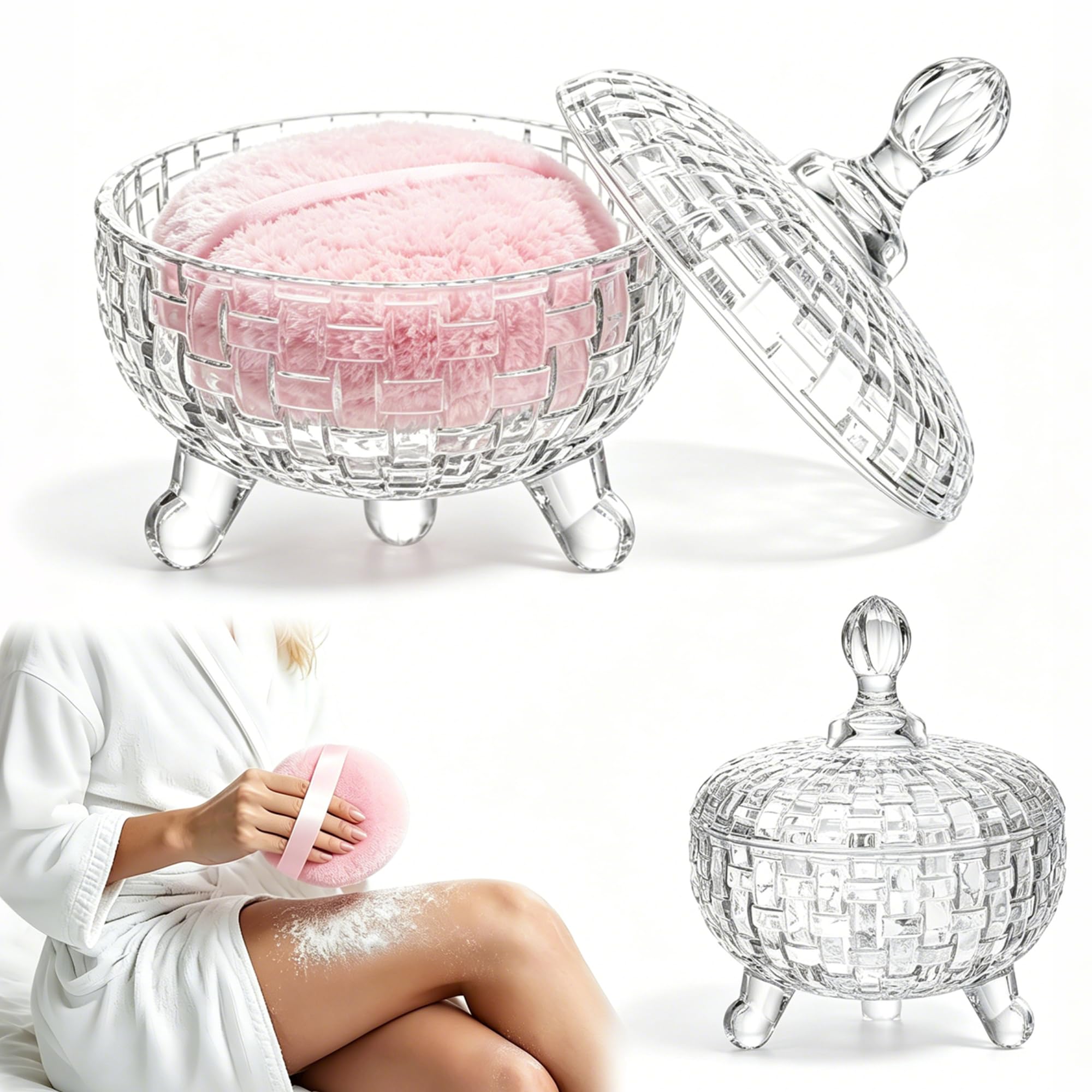 Großer Puderquaste und Behälter Set für Körperpuder Babypuder & Losen Puder | 13CM Puderpuff mit leerer Puderbehälter für Frauen & Baby, Waschbare Baby-Puderquasten (Kein Pulver)