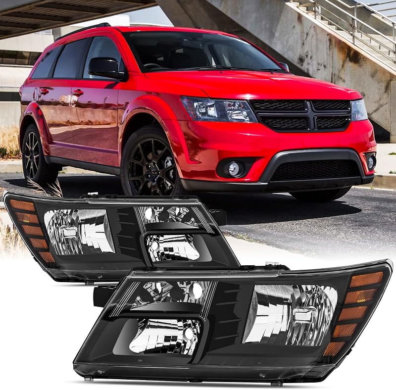 Par de faróis dianteiros Reinko preto com lente âmbar para Dodge Journey 2009 a 2020 – Sem nivelamento