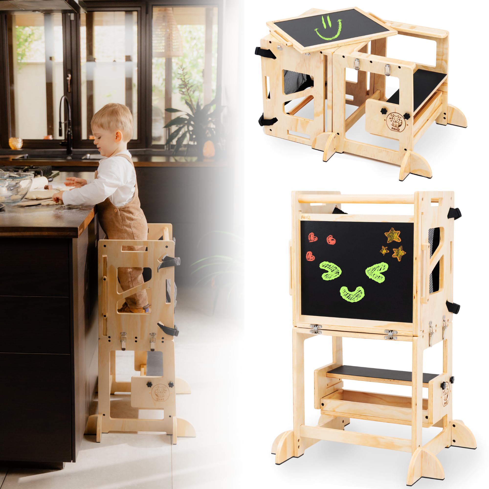 4-in-1 montessori smart learning tower – convertible toddler step stool, activity table & chalkboard center, adjustable height with safety net – premium eco-friendly wooden design for kids 1–3
