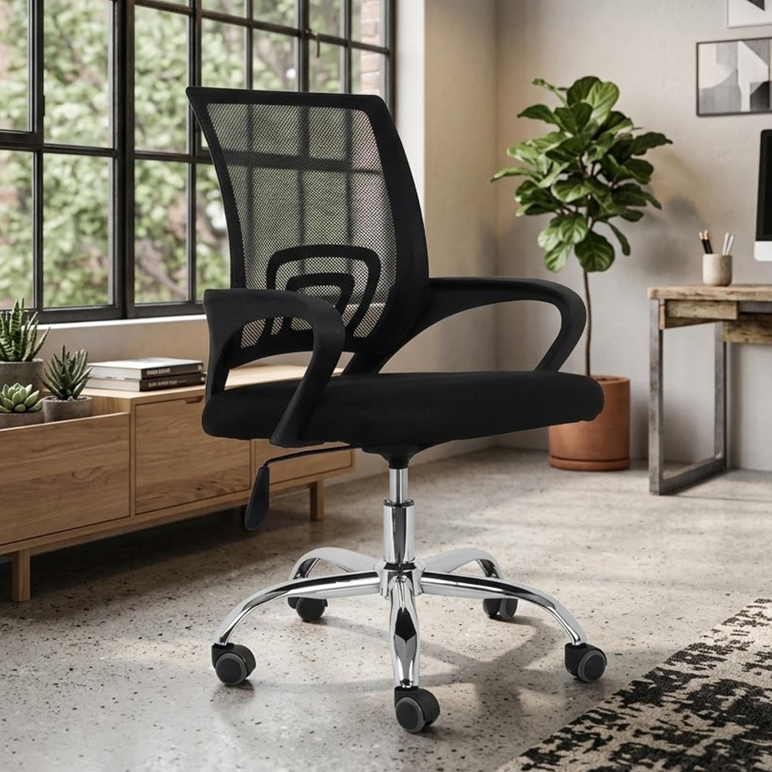 Casa Copenhagen Mesh Mid Back Office/Study/Computer/Revolving/Desk Chair for Work from Home -Metal Base, Height Adjustable Seat - Black & Black Handle