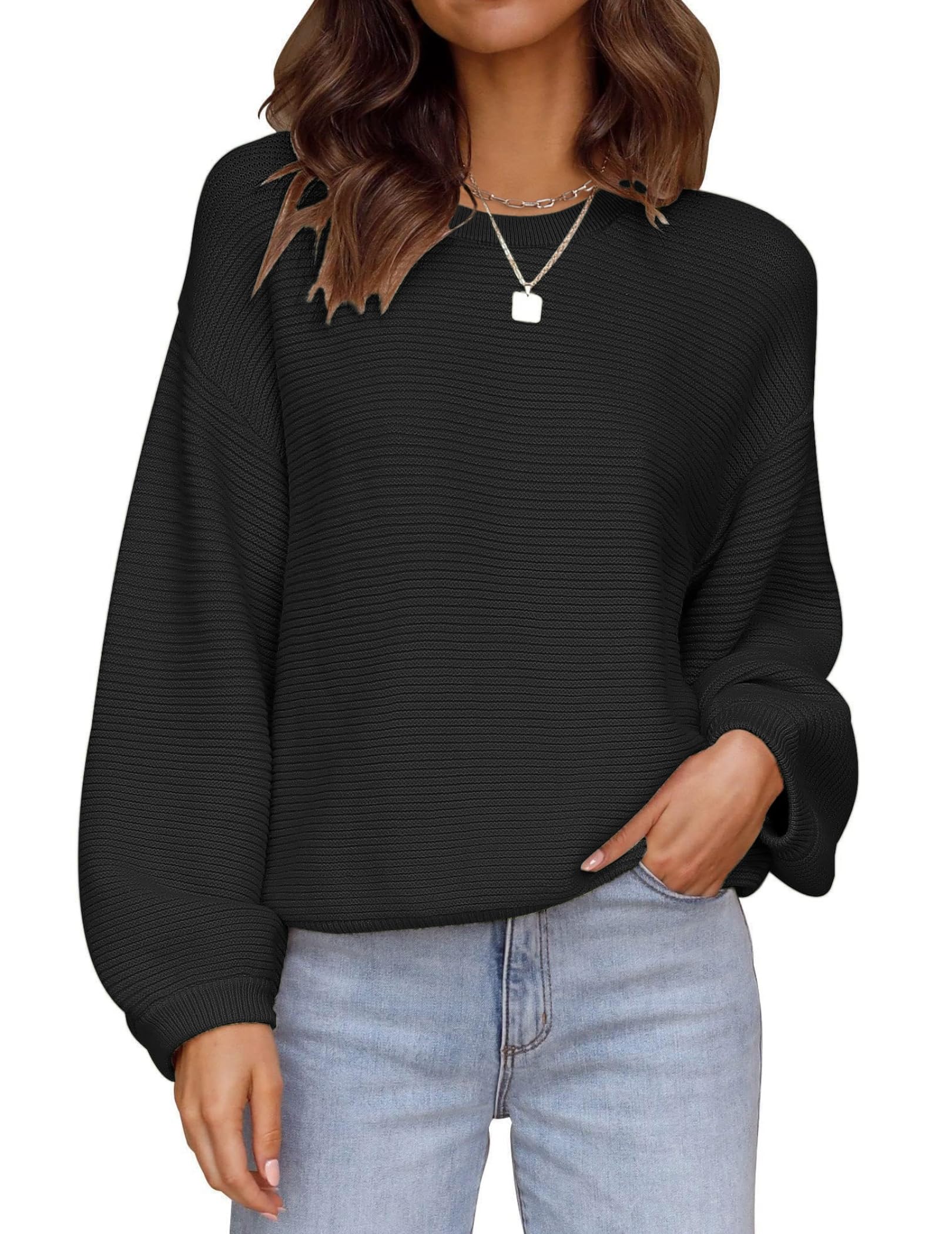 Zeagoo Pullover Damen Fledermausärmel Strickpullover Rundhals Pulli Gestrickte Sweater Bequem Oberteile Herbst Winter S-XXL