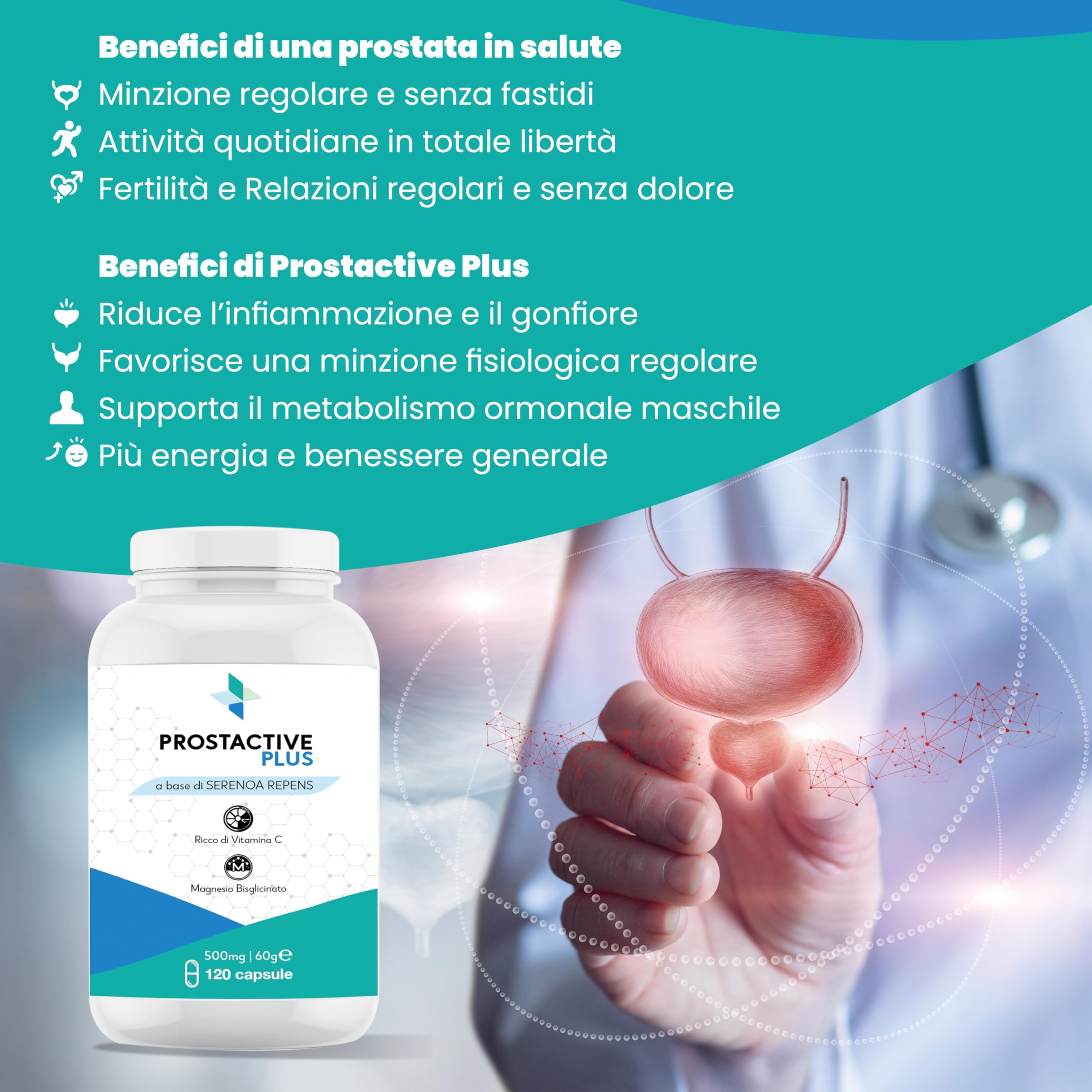 Integratore Prostata, Uomo, Serenoa Repens,Saw Palmetto, Vitamina C e D Magnesio Bisglicinato, Epilobio, Orthosiphon,120 Capsule, Formula Potente, Minzione Regolare, Disfunzione