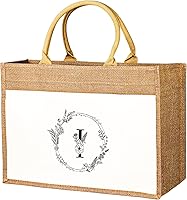 Vista 13 de JUSTOTRY Bolsa de mano con inicial, yute natural, grande, 13 onzas, personalizada, bolsa de lona con monograma, regalo para mujer