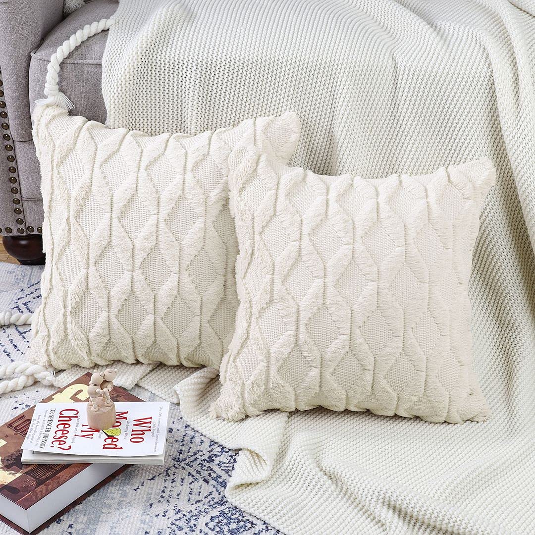 OMIO - 2 Federe Per Cuscini Quadrate In Morbido Velluto Finta Pelliccia, Lato Posteriore In Pelle Scamosciata, 45x45 Cm, Bianco