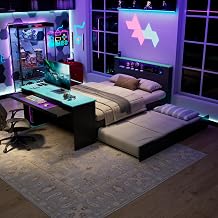 Full Size Daybed with Twin Size Pull-Out Trundle and Desk, Modern Wooden Platform Bed Frame with LED Light and USB for Teens Adults Gamers, No Box Spring Needed Black+Blue-03, Full