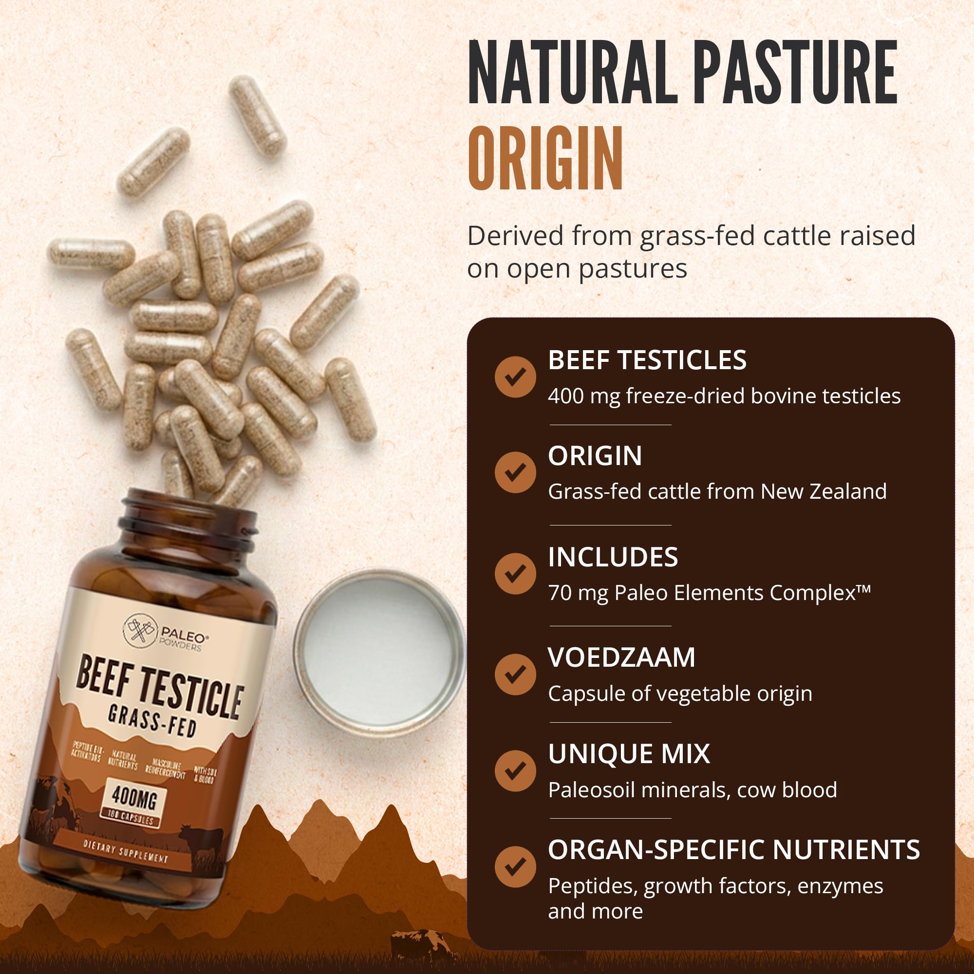 Beef Testicle Kapseln Grass-Fed – 400 mg pro Kapsel – Gefriergetrocknete Rinderhoden – 180 Kapseln – Grasgefüttertes Rind aus Neuseeland
