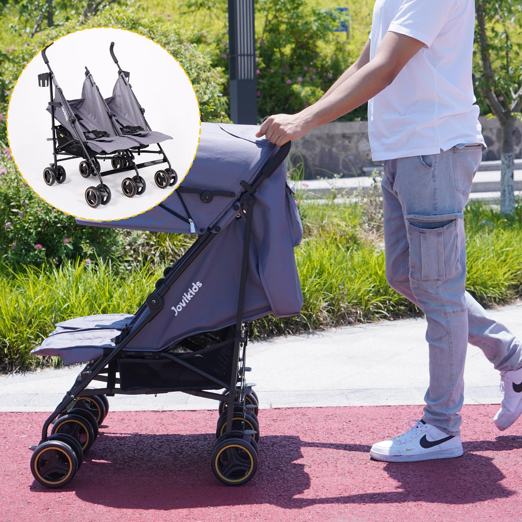 Jovikids Geschwisterwagen, Zwillingskinderwagen mit Liegefunktion, Klappbar Reisebuggy Inkl. Sonnenverdeck, Regenverdeck und Getränkehalter