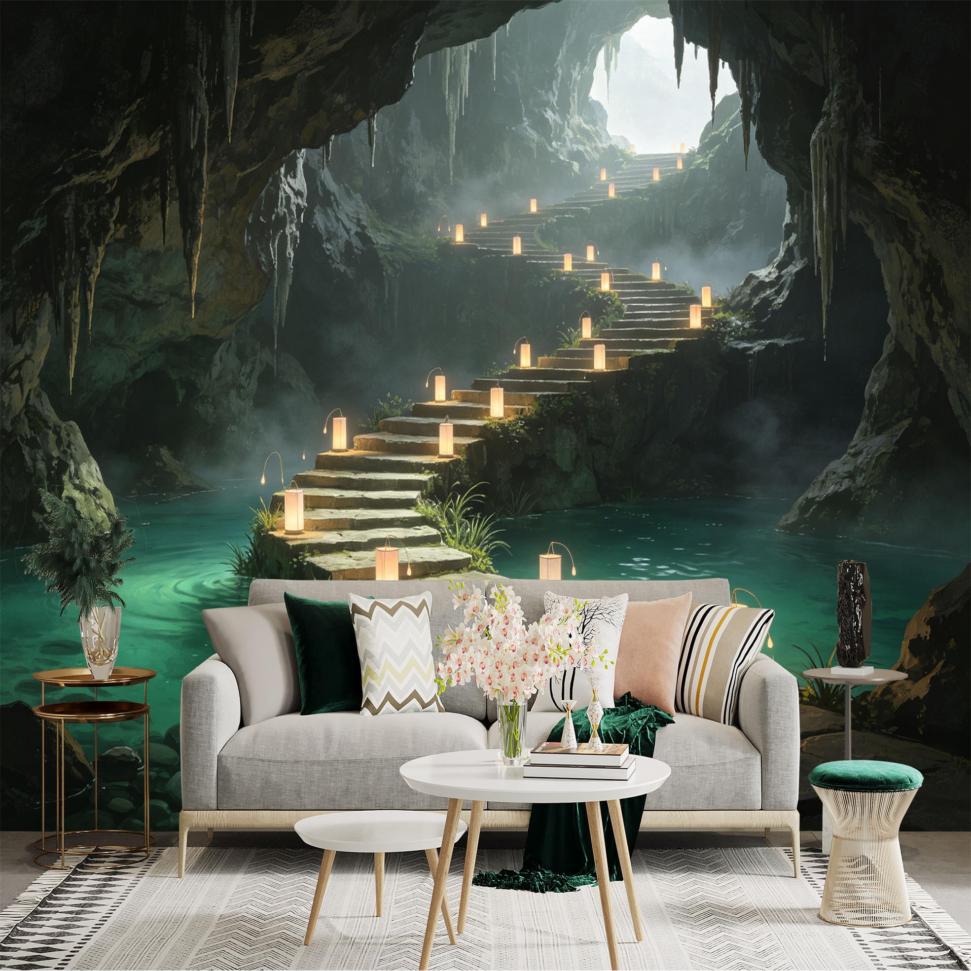 Custom Size Wall Sticker Mural， Mysterious Cave with Glowing Lanterns， Stone Stairs Over Tranquil Water， Ethereal Underground Landscape， for wall Decoration， peelandstick wall Decals.