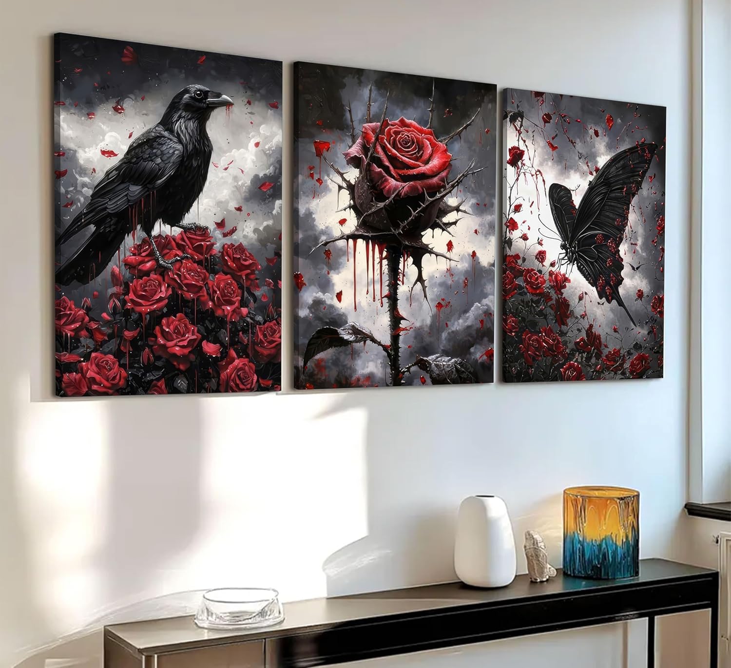 3Pcs Gothic Canvas Wall Art Spooky Butterfly Crow Poster Prints Romantic Rose Halloween Picture Dark Goth Aesthetic Painting Wall Decor for Living Room Bedroom Office 12x16in Framed