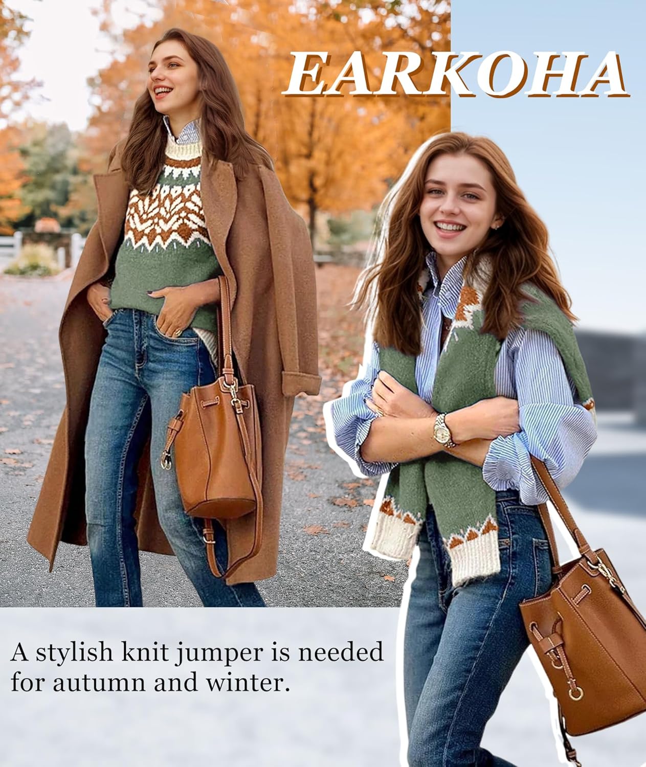 EARKOHA Women's Casual Mock Neck Ribbed Sweater Pullover 2026 Fall Long Sleeve Print Fair Isle Sweater Top - Image 4