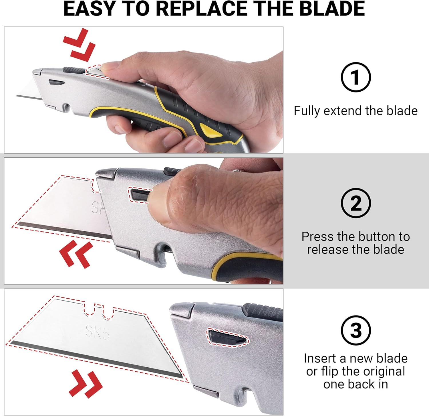 Box Cutter Retractable with Built-In Blade Storage & Wire Stripper, Heavy-Duty Utility Knife safety, Metal Alloy Body, Ergonomic Non-Slip Rubber Grip, Quick Change Blade Razor Knife