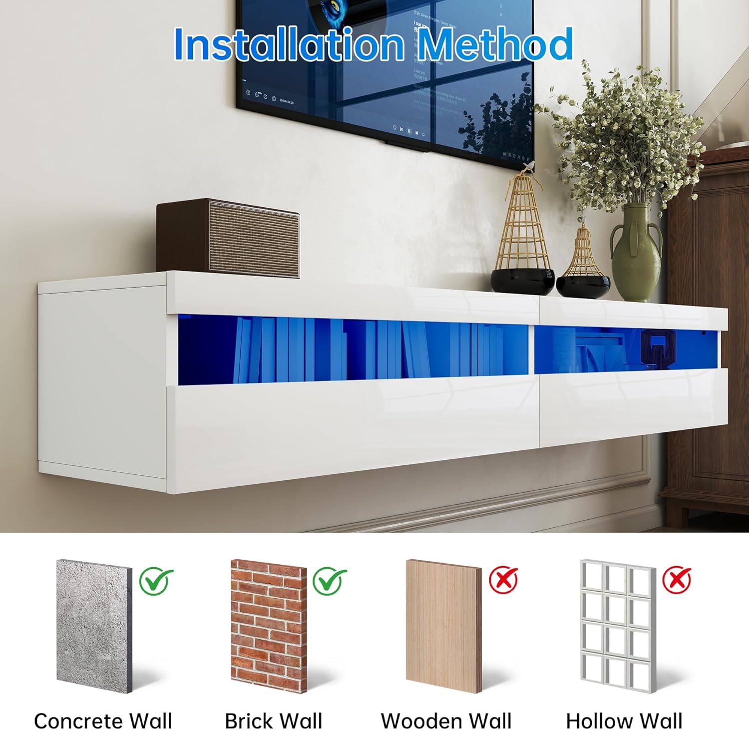 71" Floating TV Stand Wall Mounted with Color-Gradient LED Strip & Power Outlet, High Gloss Modern TV Cabinet with Storage, 71 inch Floating TV Cabinet for 65/75/80 inch TV, White