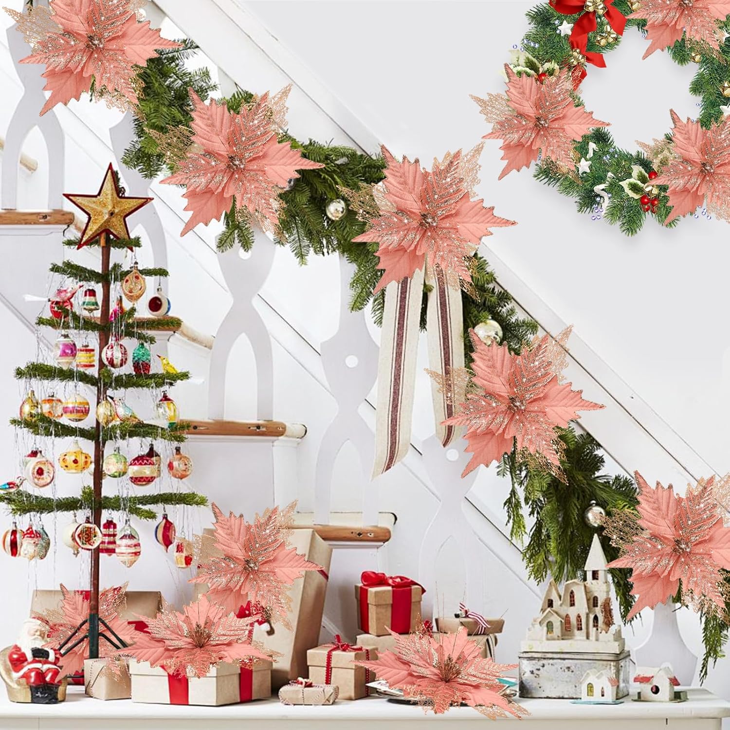 10'' Large Christmas Glitter Poinsettia Flowers Decorations, stadeco 10 Pcs Christmas Tree Picks Ornaments Artificial Flowers with Long Stems for Xmas Tree Wreath Garland Wedding Party DIY Decor