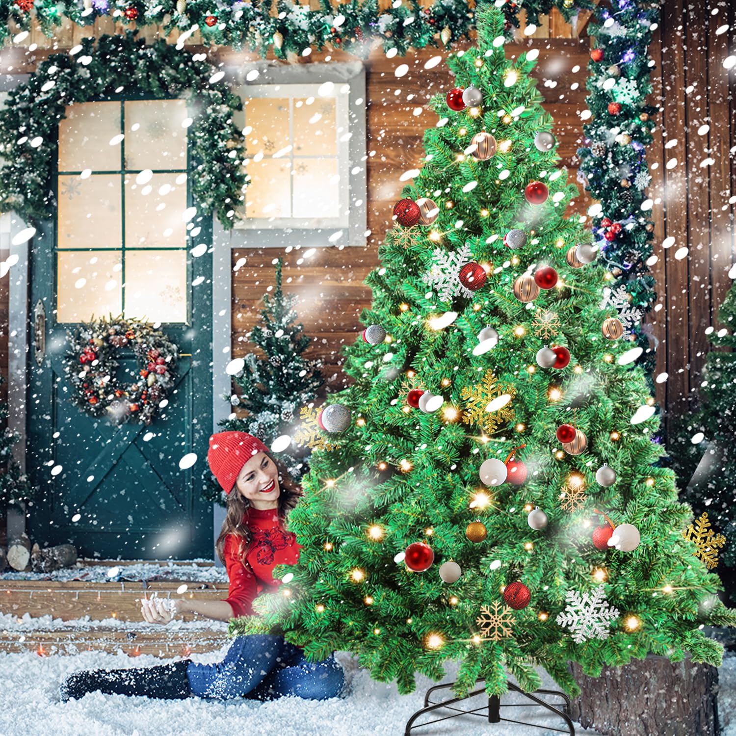 Randaco Árbol de Navidad Artificial con iluminación, 180 cm, 860 Puntas con despliegue automático, de PVC, 250 ledes, luz Blanca cálida, Incluye Soporte de Metal, difícilmente inflamable
