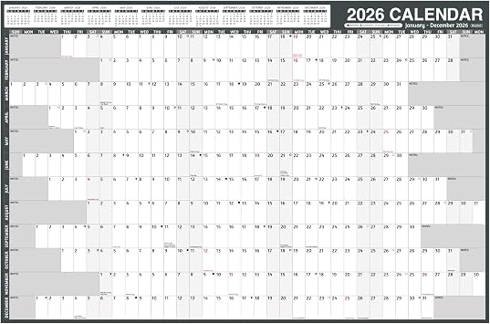2026 Yearly Wall Calendar - Large Yearly Calendar 2026, Jan 2026 - Dec 2026, 38.2" x 25.2" Open, 2026 Calendar 12 Month, Yearly Wall Calendar 2026 with Moon Phase, Notes, Thick Paper, Stickers, Grey