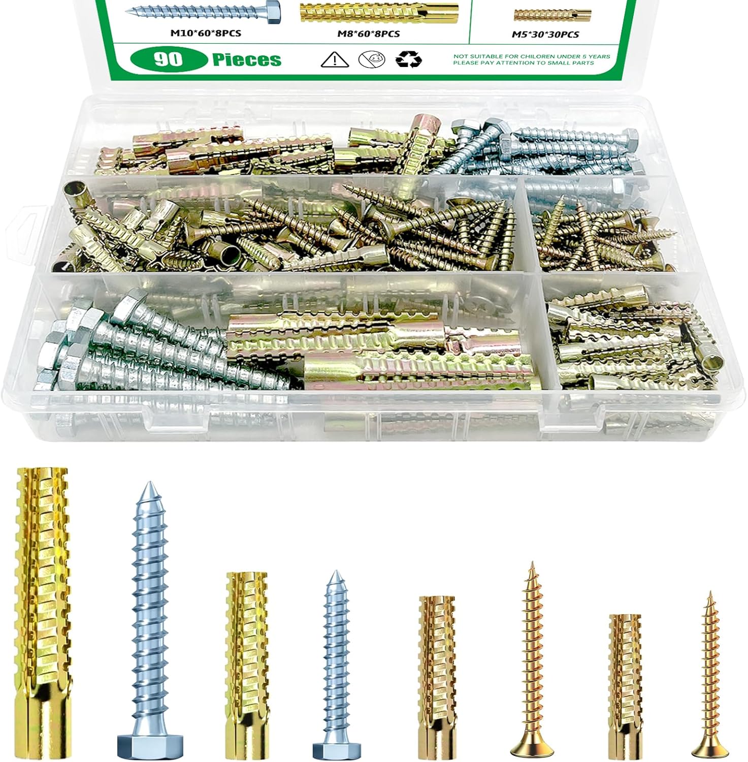 180Pcs / 90 Sets 4 Size Steel Wall Anchor with Screws, 5x30mm, 6x32mm, 8x38mm, 10x60mm Heavy Duty Loose Hinge Hole Repair Kit for Concrete, Hollow and Wooden Wall