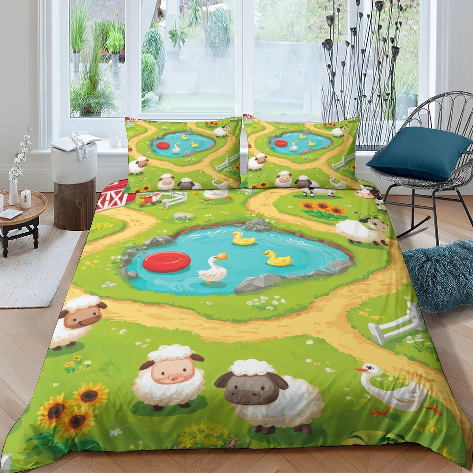 TUFRTGYHN 3D Printed Farm Animal Duvet Cover Microfiber Soft Breathable Pond Meadow Bedding Set with 2 Pillowcases for Bedroom Decor Single（135x200cm）