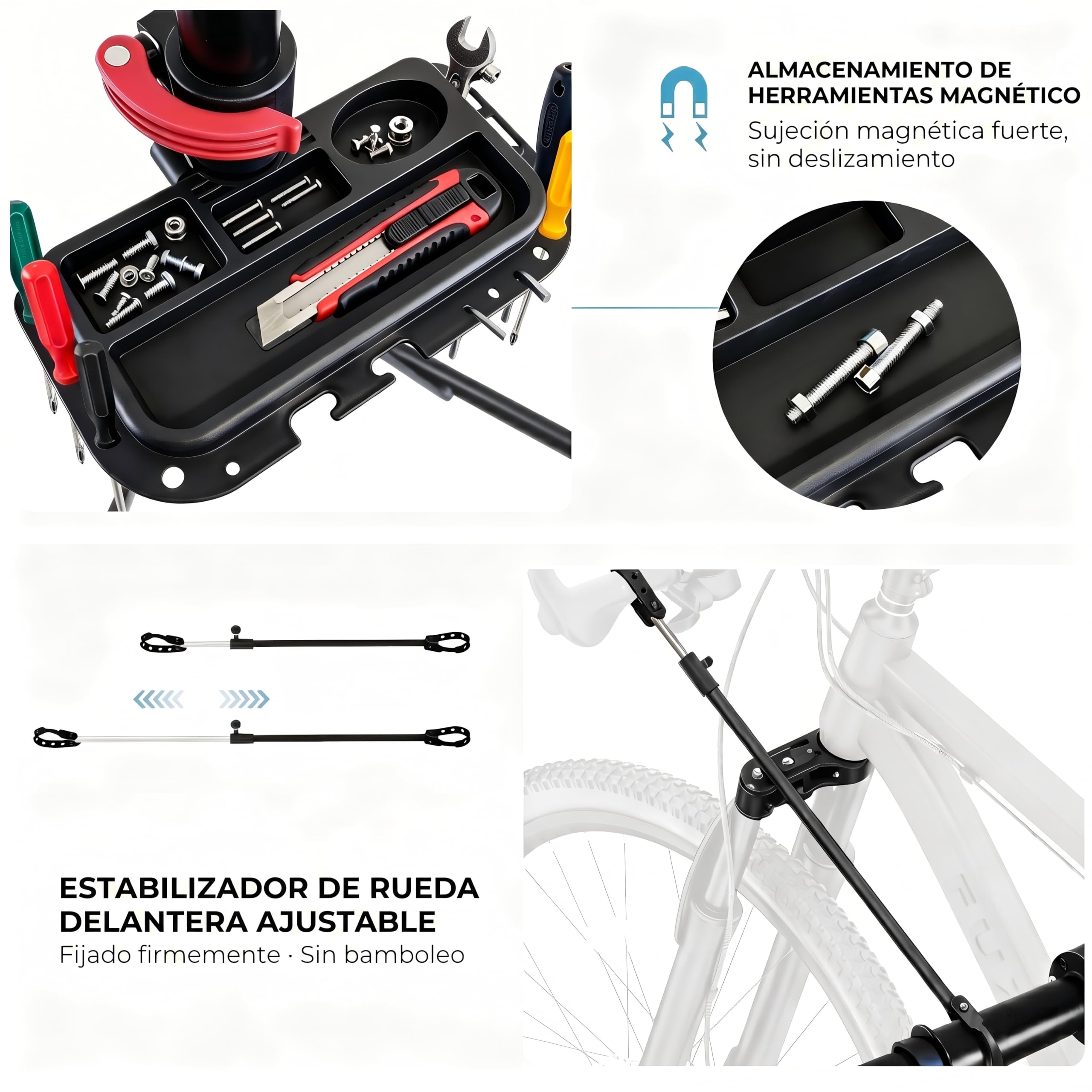 Caballetes para bicicletas, Soporte reparación bicicletas con base bajo centro gravedad estable, bandeja magnética herramientas, cabezal giratorio 360°, plegable, carga máxima 30 kg