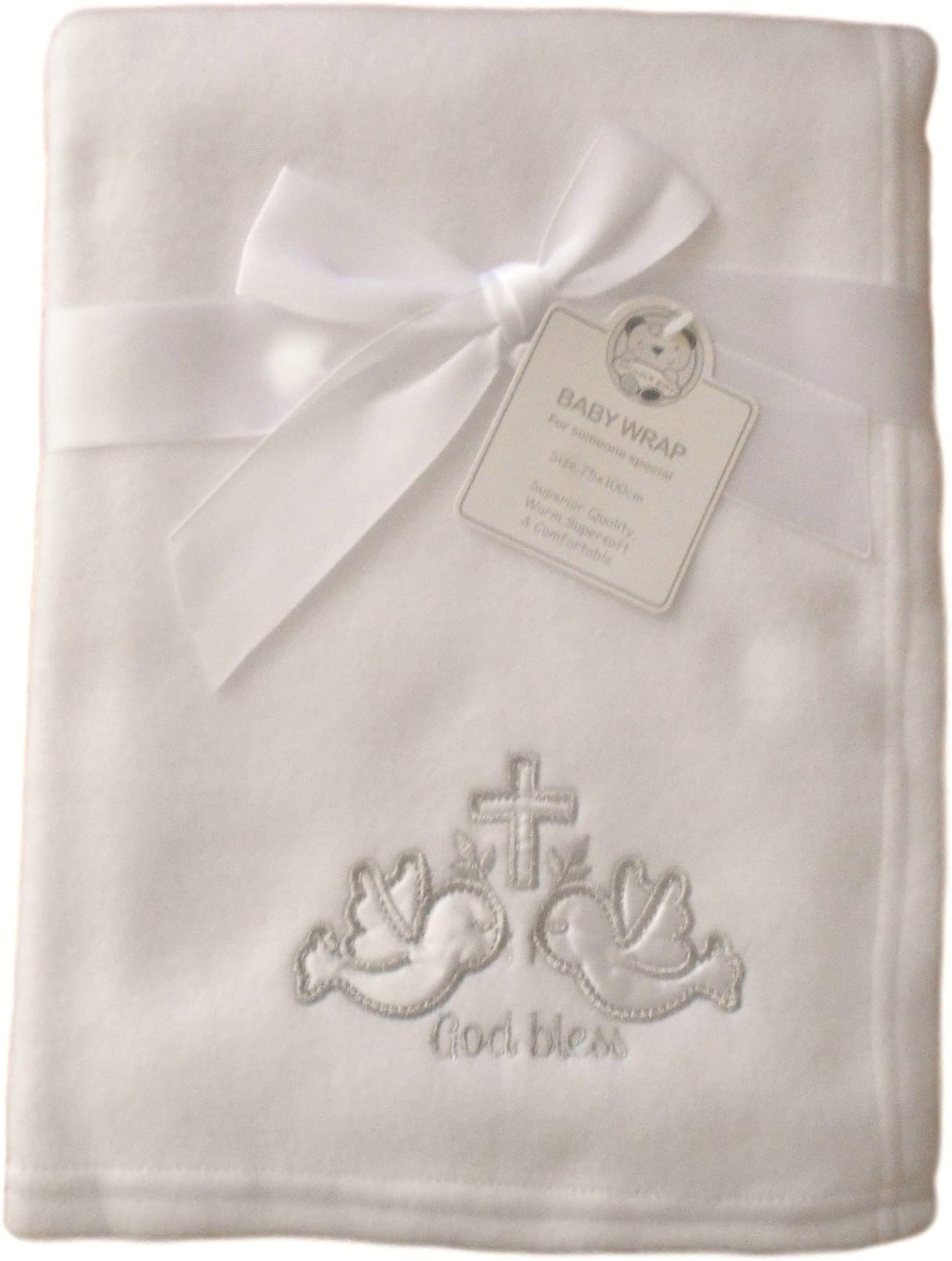 Baby White Silver God Bless Doves and Cross Wrap Blanket 100cm x 75cm Approx