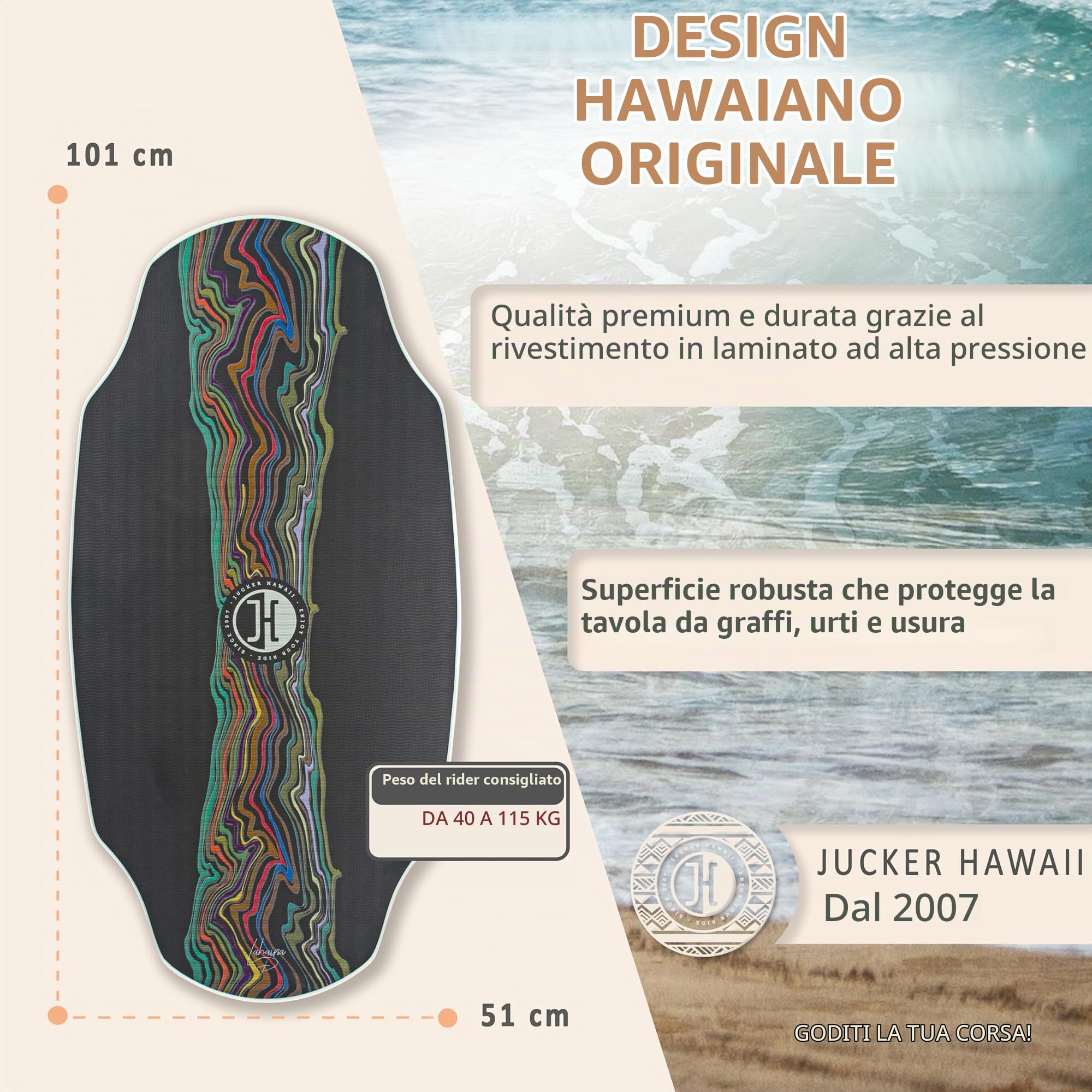 JUCKER Hawaii Skimboard HPL Lahaina Pro - Skimboard professionale con rivestimento HPL double face e strato antiscivolo EVA - Ultra veloce, durevole e supporta fino a 115 kg