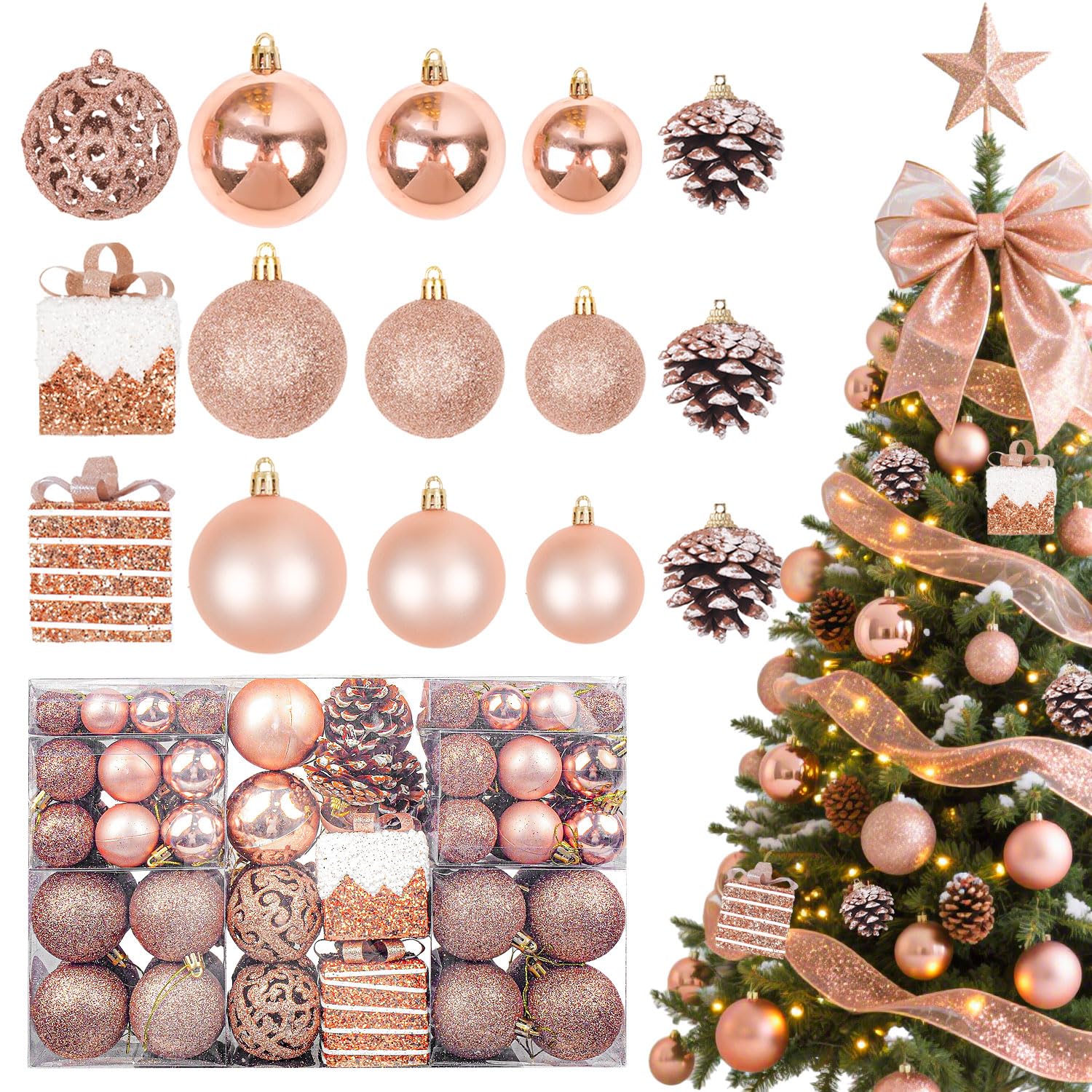 Weihnachtskugeln 101stück Kunstoff Christbaumkugeln Set, Christbaumkugeln Roségold Matt, Glänzend, Glitzernd mit Tannenzapfen Weihnachtsbänder für Weihnachtsbaum Deko Party, Haus Dekoration