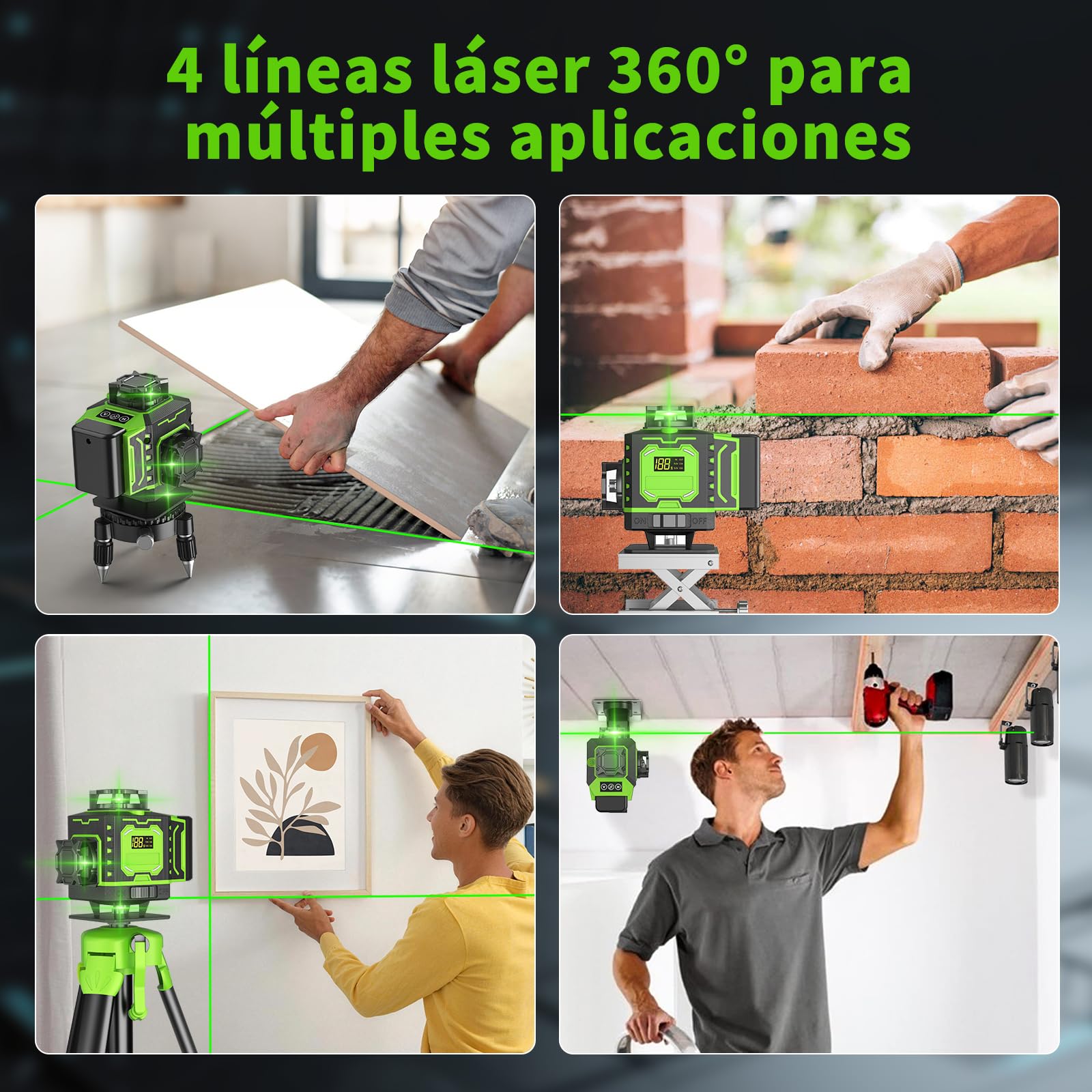 Niveau Laser Chantier Autonivelant 360° x 4 Avec trépied, Lazer Niveaux 4D 16 Lignes Laser, Mode Impulsion ExtéRieur, 2 x Batterie, Nivellement Automatique, Support Rotatif, Télécommande