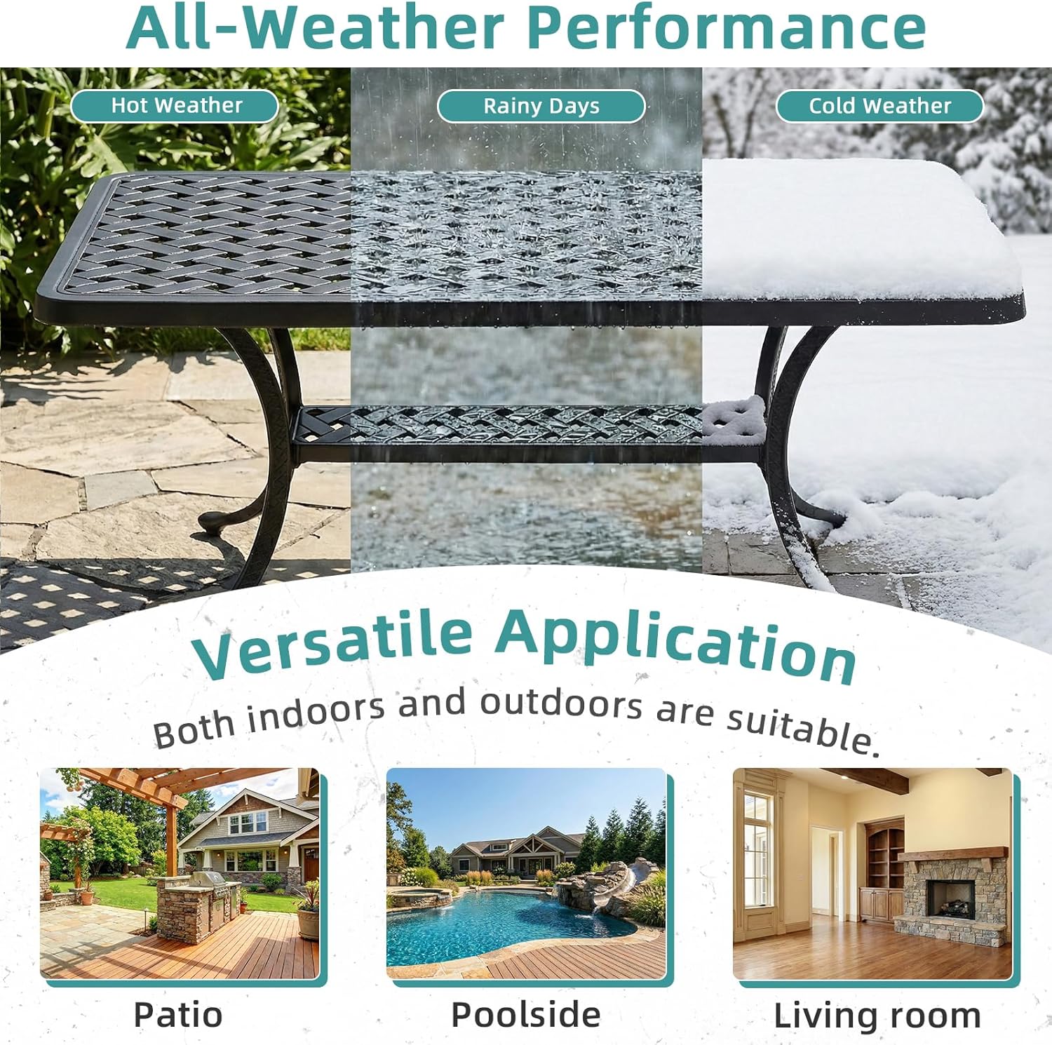 MEETWARM Outdoor Cast Aluminum Coffee Table, 42" Rectangle Patio Coffee Table with 2-Tier Storage Shelf, All-Weather Heavy Duty Patio Side Table for Outside Poolside Deck Garden & Indoor, Dark Bronze