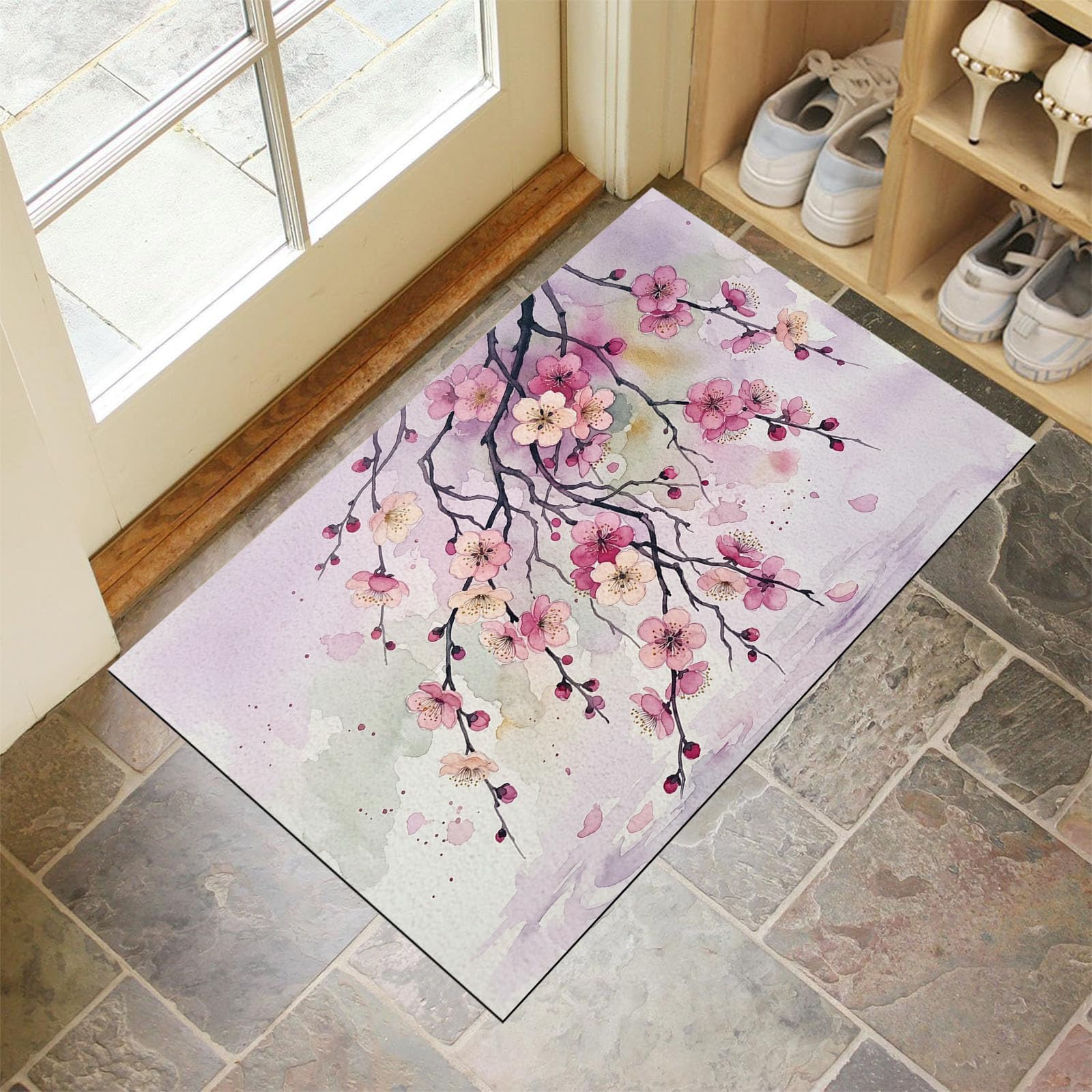 Zerbino Ingresso Interno Fiori Orientali Rami Piangenti, Zerbino Di Benvenuto Lavabile Morbida Piante Semplici Ad Acquerello, Antiscivolo Tappeto Da Decorazioni Rosa Per Casa Porta, 60X90Cm