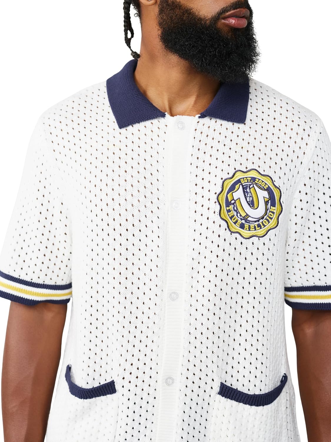 True Religion Men’s Horseshoe Knit Camp Collar Shirt – Breezy, Button-Up, Horseshoe Design