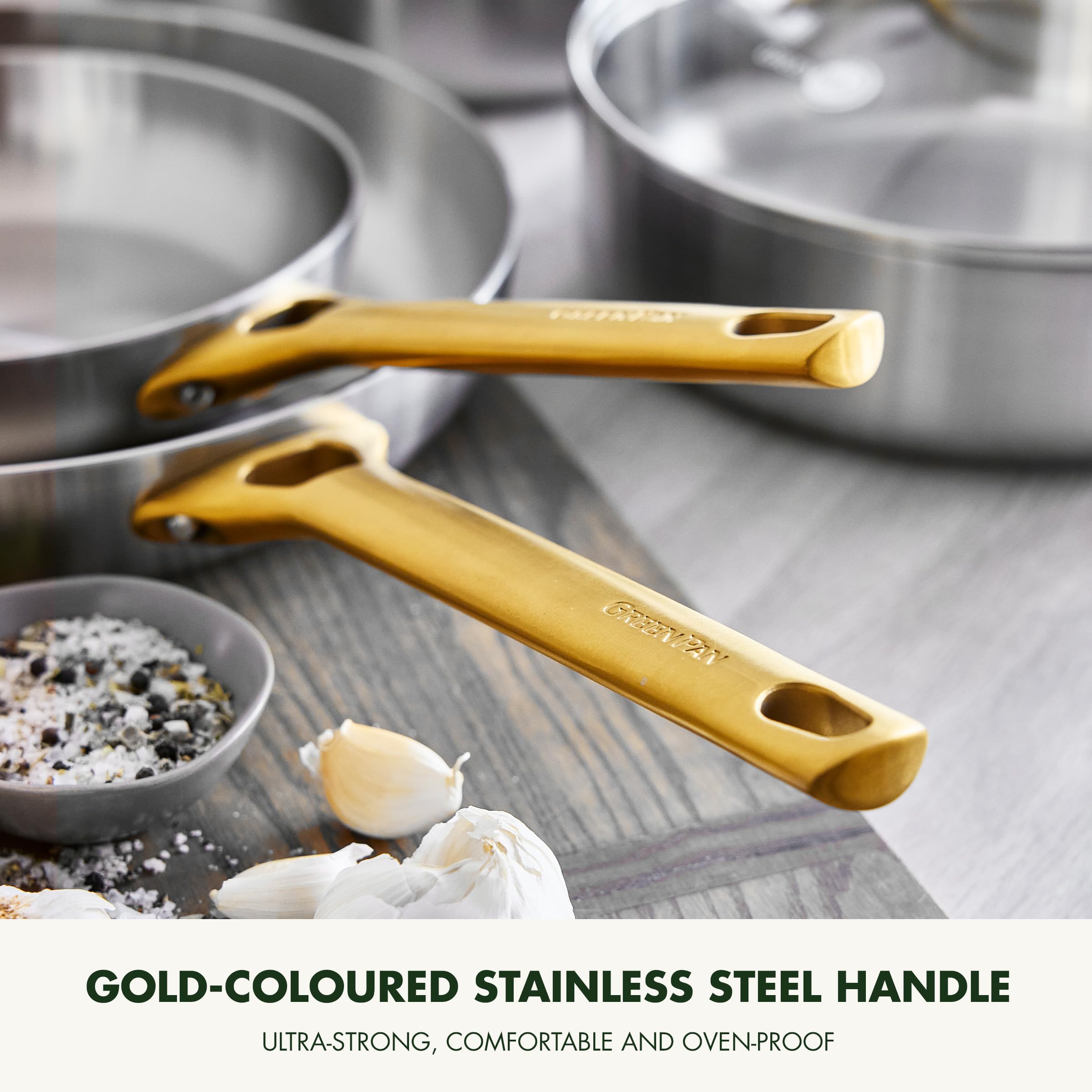 GreenPan Padova - Juego de 6 utensilios de cocina de acero inoxidable con tapa de cristal, ollas y olla sopera, 3 capas, apta para inducción, mango dorado de acero inoxidable, apto para horno hasta