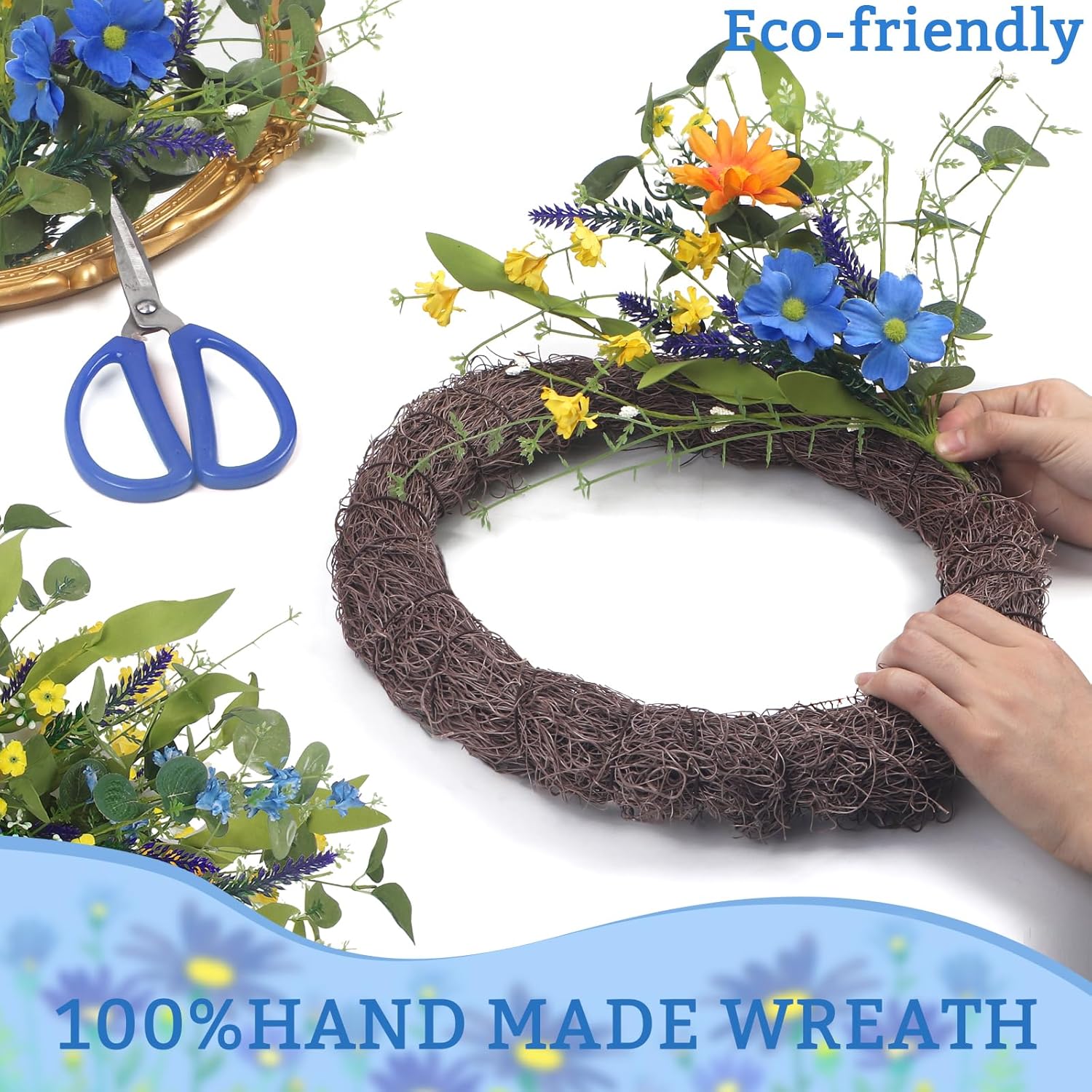 Daisy Sunflower Wreath Decor, 24 Inch Summer Wreaths for Front Door Outside, Handmade Blue Orange Floral Eucalyptus Wreath for Front Door Farmhouse Home Décor Gift