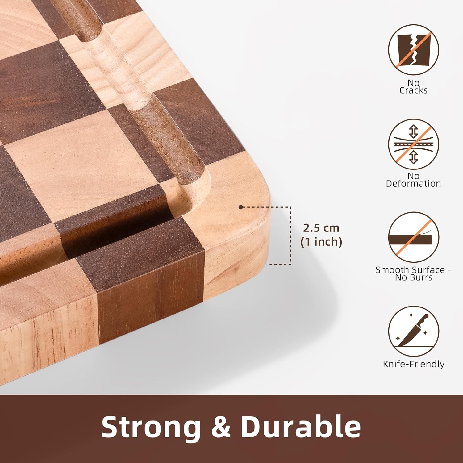 Checkered Cutting Board, Wooden Checkerboard Cutting Board for Kitchen 16 x 12 x 1", Rubber Wood Butcher Block Chopping Board with Juice Grooves & Handles for Meat, Vegetables & Cheese