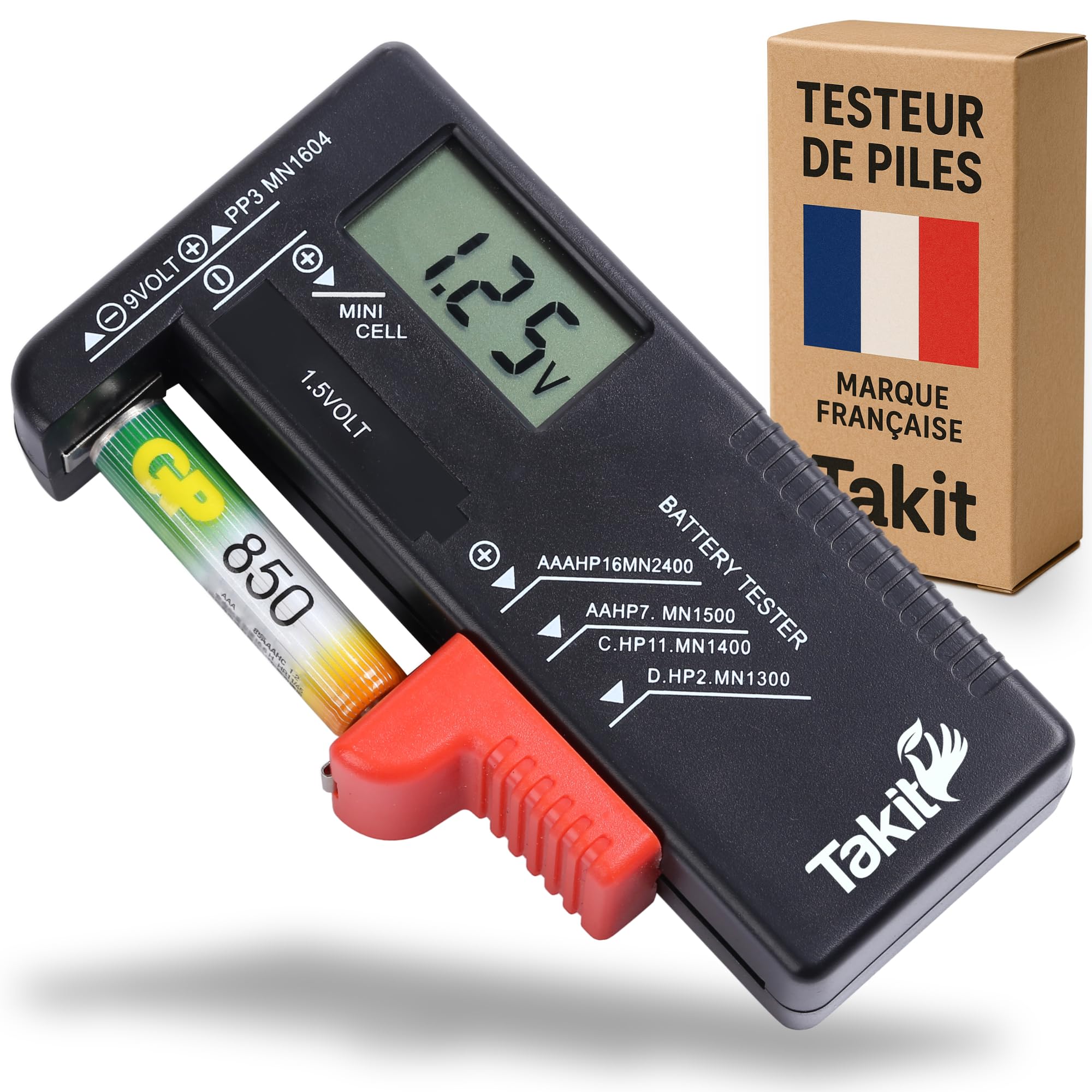 Takit Testeur de Piles Numérique pour AA AAA C D PP3 9V 1.5V Piles Bouton