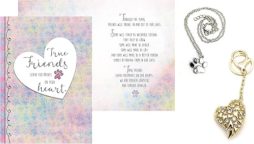 Smiling Wisdom - Tarjeta de felicitación de True Friends Leave Footprints y llavero de corazón dorado y juego de regalo de pata - Amistad especial