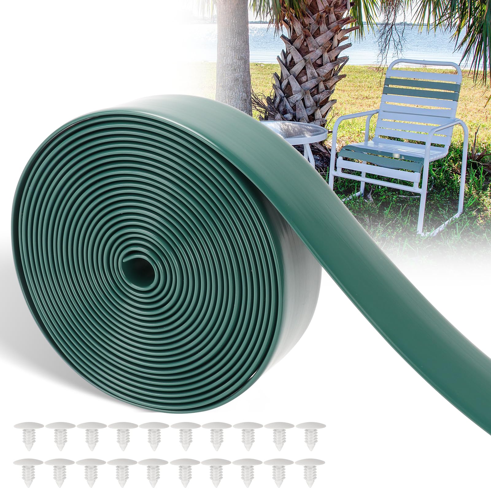 LukLoy2" Wide Vinyl Straps for Patio Chairs Repair 20ft Long Patio Garden Furniture Replacement Straps with 20 Rivets (Dark Green)