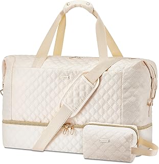 Gloppie Weekender Bags for Women with Shoe Compartment, 39L Large Travel Duffel Bag, Carry On Overnight Gym Bags with Wet Pocket, Hospital Bag for Women Labor Delivery, 2 Pcs Set, Beige