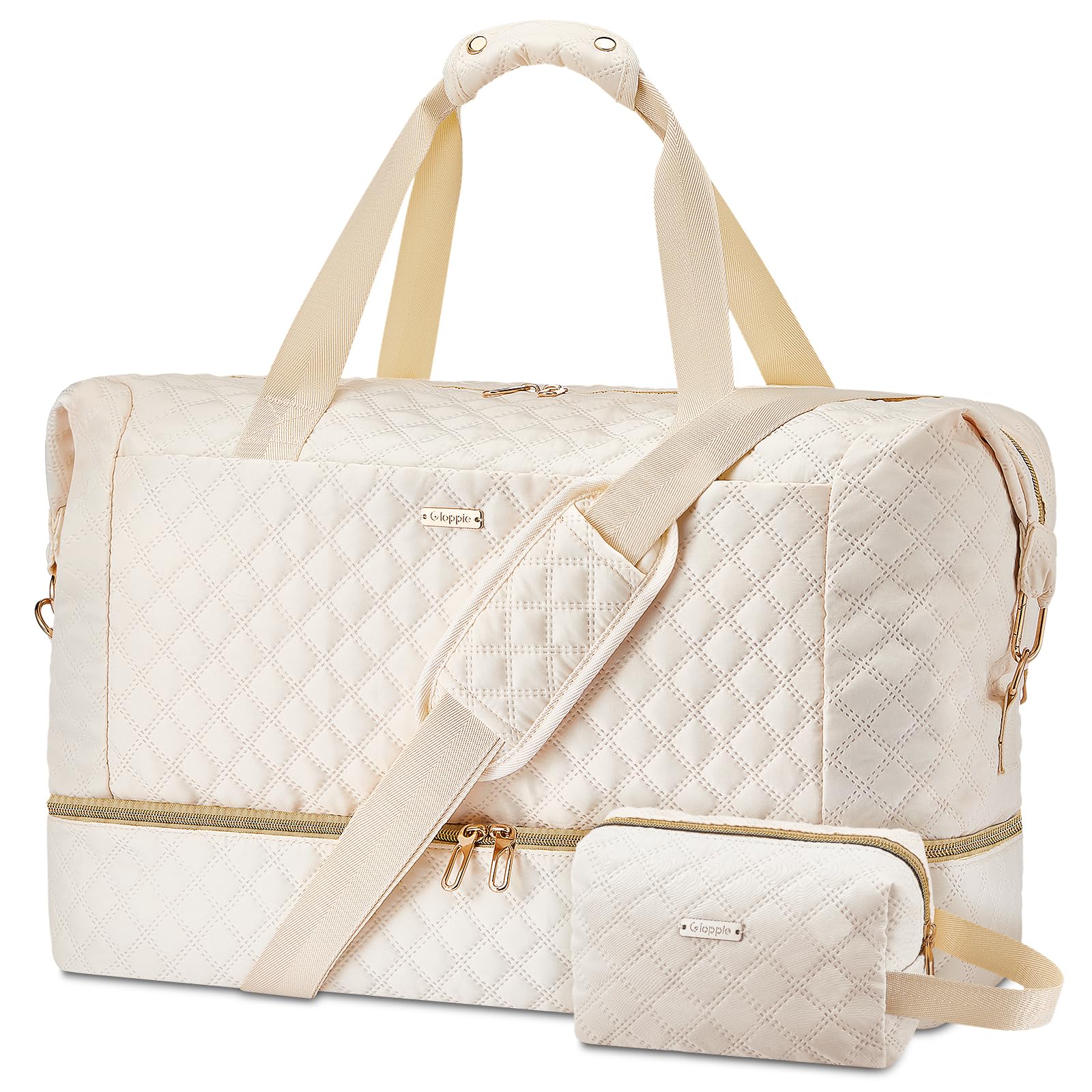 Gloppie 39L Borsone da Viaggio Grande Borsa da Viaggio Donna, Impermeabile Borsa Sportiva Palestra con Scomparto per Scarpe, Borsa Parto Ospedale Mamma Weekend, Beige