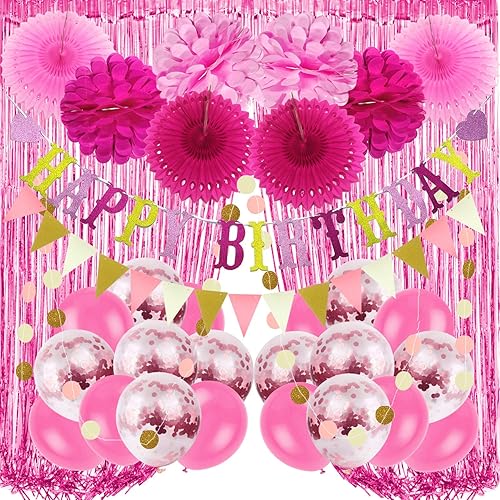 Decoraciones de fiesta rosas pancarta de feliz cumpleaños, cortinas, pompones de papel, abanicos, guirnalda, globos de confeti
