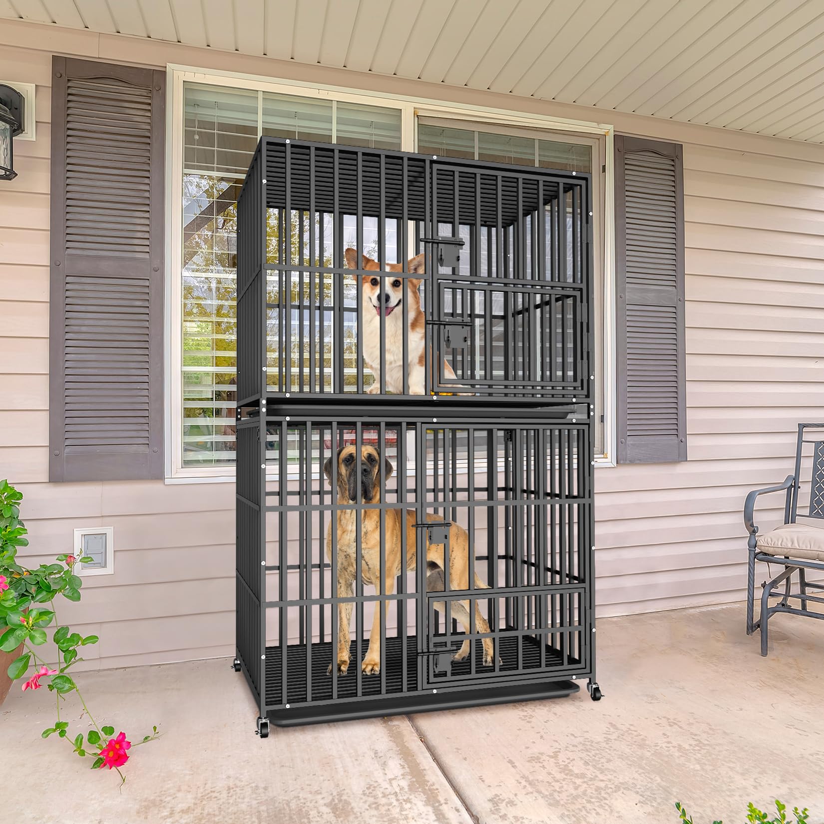 BingoPaw Cage Chien Interieur Solide: Caisse de Transport Double sur Roulette Grande Taille - Cages Deux Niveaux Robuste Extérieur pour Grand Chiens en Métal avec 2 Plateau Amovible 95x57x144.5cm