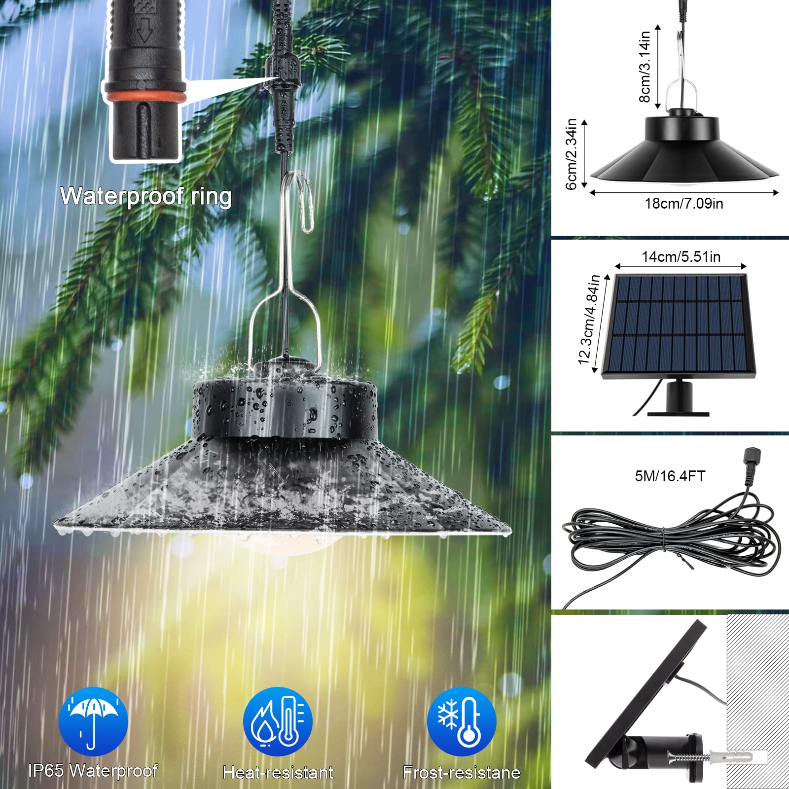 AGOTD Lampada Solare da Esterno, Lampada a Sospensione Solare con Telecomando, 3 Colore, Cavo 5M, 6Luminosità, IP65 Impermeabile, Illuminazione per Giardino Balcone Vialetto