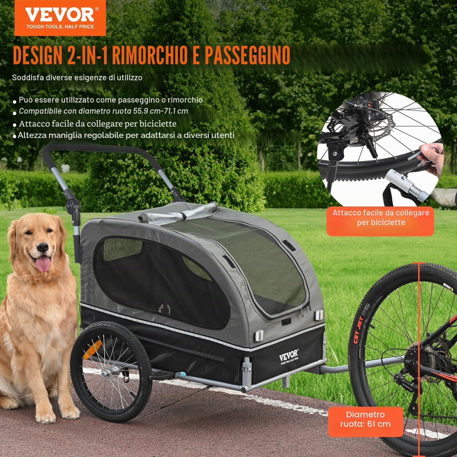 VEVOR Rimorchio per cani 2 in 1 per bicicletta in acciaio al carbonio + tessuto Oxford 600D + PP pieghevole per cani