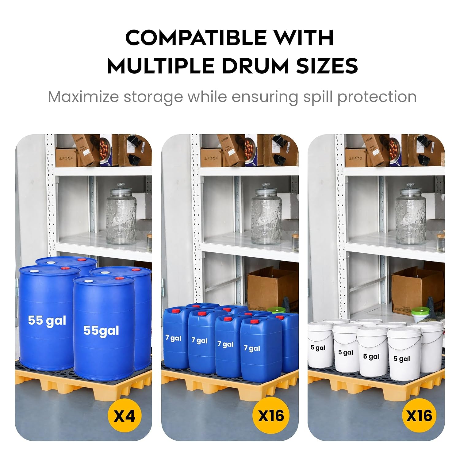 Spill Ready 4 Drum Spill Containment Pallet - 52" x 52" x 7" - 28 Gallon Sump, HDPE Low-Profile Drum Spill Deck with Drain and Forklift Pockets, Yellow | Holds 4 x 55 gal. Drums - Containment Tray