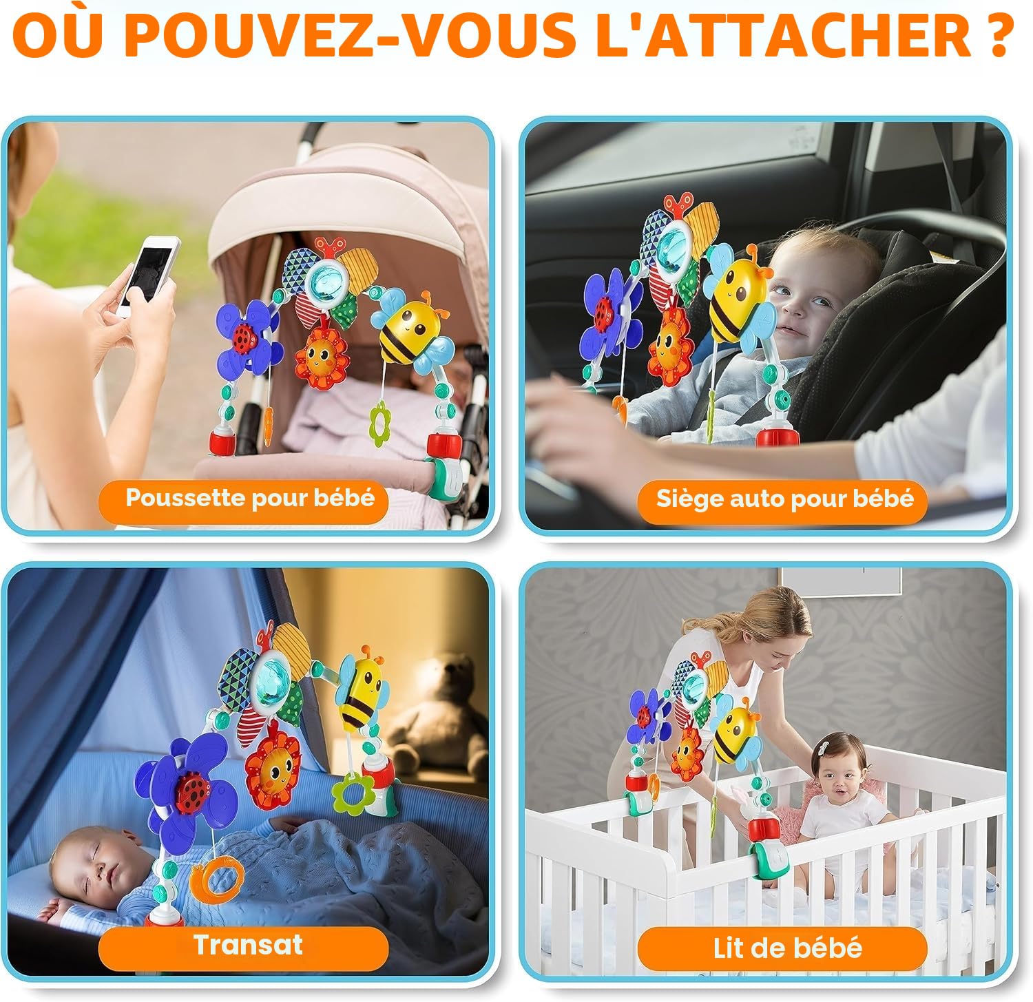 Arche D'activités Articulée pour Bébés et Tout-Petits,Jouets de Landau,Arche de Poussette,Arche d'Éveil pour Poussette avec Moulin à Vent,Hochet, Jouets Ajustables, pour transats
