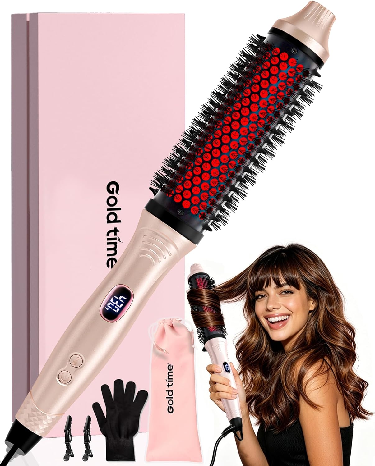 Infrared Thermal Brush 1.6 Inch Ionic Heated Thermal Round Brush Hair Straightener & Curler Styler for Travel, 6 Heat Settings, LED Display, Dual Voltage, Pink